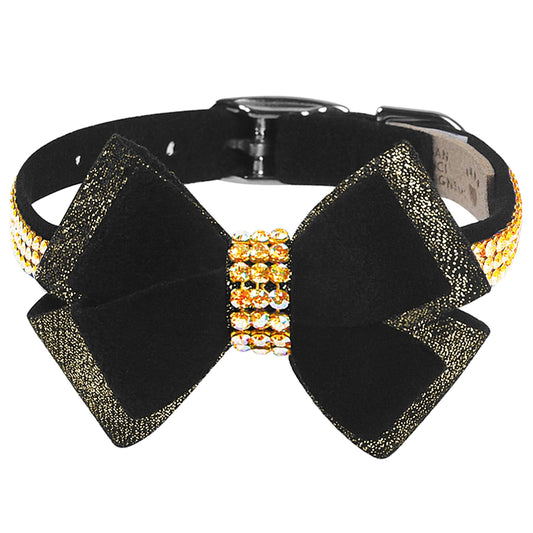 Black Glitzerati Double Nouveau Bow 3 Row Gold Giltmore Collar