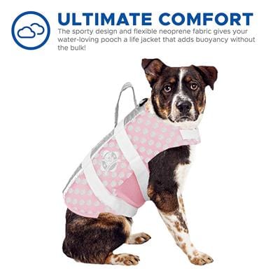Dog Life Jacket - The Paws Aboard Dog Life Vest - Pink/Grey Polka Dot Neoprene