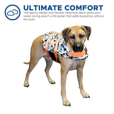Dog Life Jacket - The Paws Aboard Dog Life Vest - Black/White Camo Neoprene