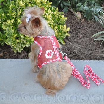 Cool Mesh Dog Harness with Leash - Hawaiian Hibiscus Red
